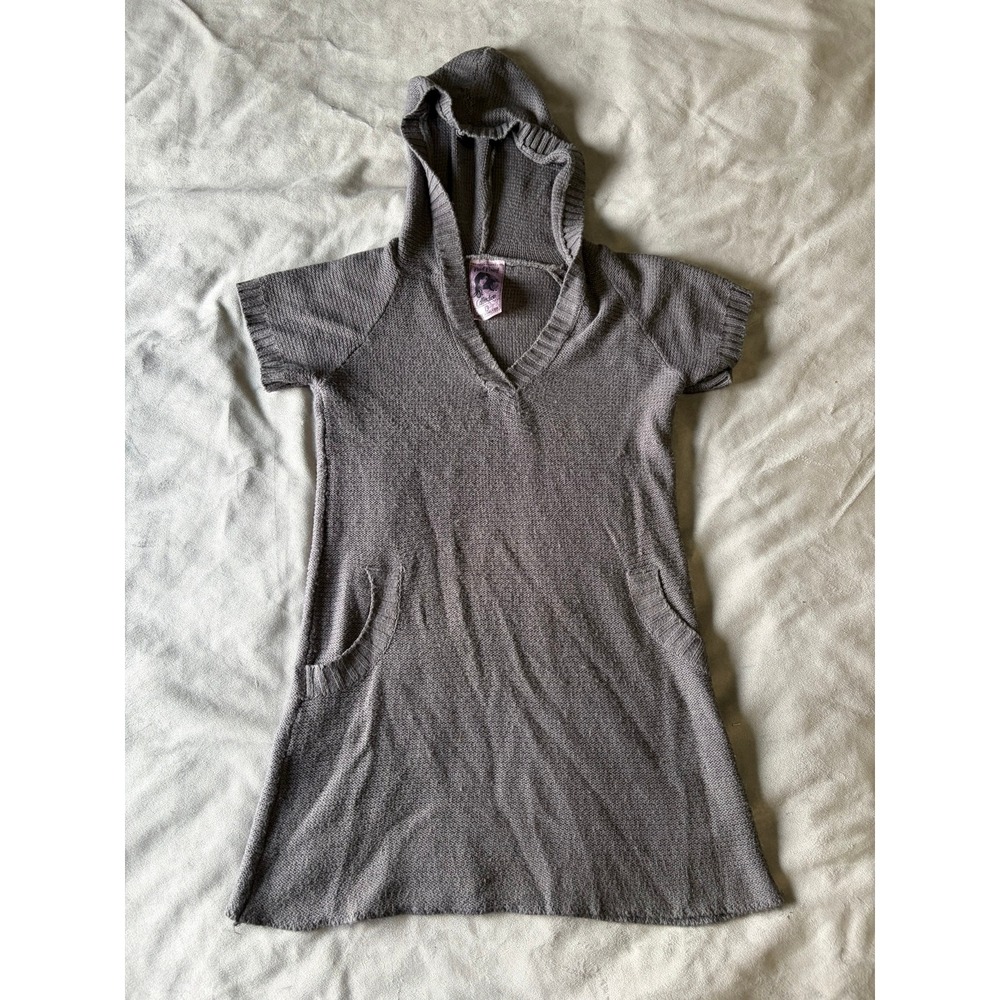 Red Paint Collection Grey Knit Hooded Short Sleeve Sweater Dress Large Pockets